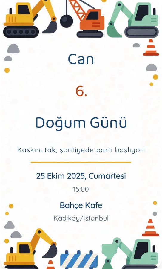 Şantiye dijital doğum günü davetiyesi teması