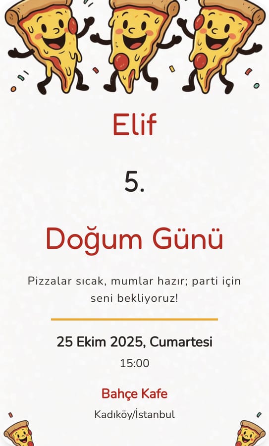 Pizza Partisi dijital doğum günü davetiyesi teması