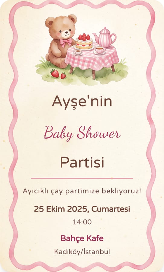 Ayıcıklı Çay dijital baby shower davetiyesi teması