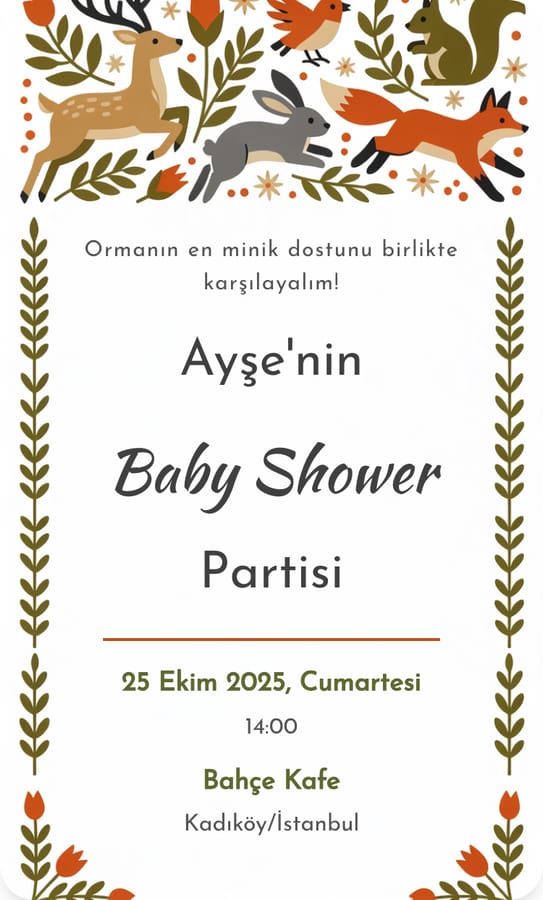 Orman Dostları dijital baby shower davetiyesi teması