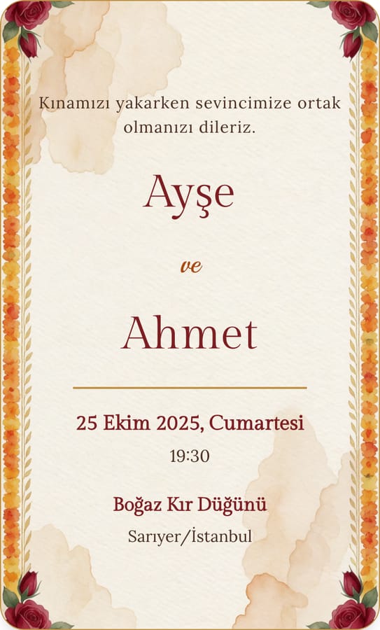 Geleneksel Kına dijital düğün davetiyesi teması